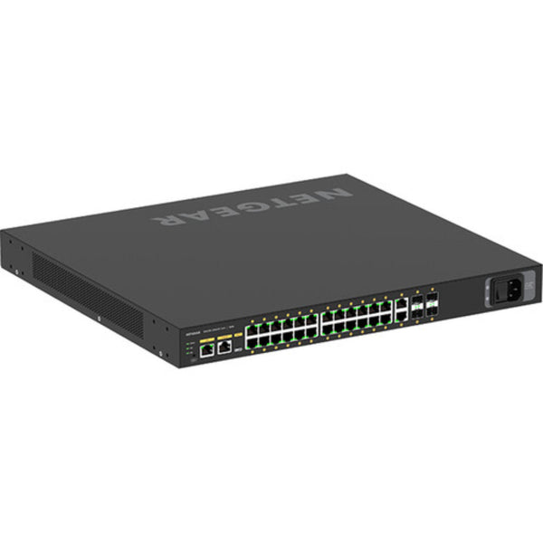 Rear right isometric view of Netgear AV Line M4250 GSM4230PX 24-port Gigabit PoE+ managed network switch with SFP+ ports – image 4