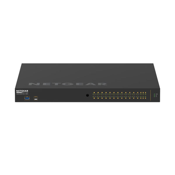 Front view of Netgear M4250-26G4XF-PoE+ managed switch with 24 gigabit ports, SFP+ ports, and PoE+ power supply. – image 2