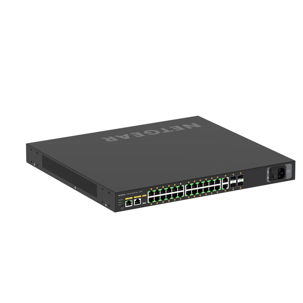 Rear view of Netgear M4250-26G4XF-PoE+ managed switch showing 24 Gigabit ports, SFP+ ports, and power connections. – image 4