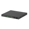 Rear view of Netgear M4250-26G4XF-PoE+ managed switch showing 24 Gigabit ports, SFP+ ports, and power connections.