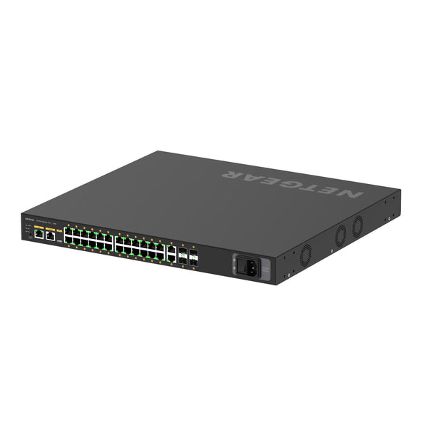 Rear view of Netgear M4250-26G4XF-PoE+ managed switch showing 24 Gigabit ports, SFP+ ports, and power connections. – image 6