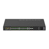 Rear view of Netgear M4250-26G4XF-PoE+ managed switch with multiple Gigabit Ethernet ports, SFP+ ports, and power supply.