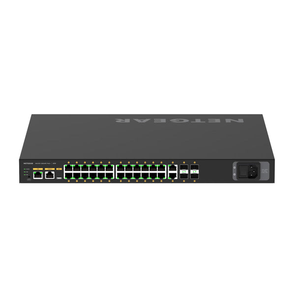 Rear view of Netgear M4250-26G4XF-PoE+ managed switch with multiple Gigabit Ethernet ports, SFP+ ports, and power supply. – image 5
