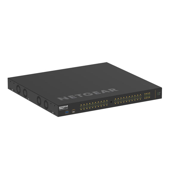 Netgear GSM4248PX managed switch with 40 Gigabit Ethernet ports, 8 SFP+ ports, and PoE+ power, front left view. – image 1