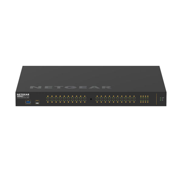 Netgear GSM4248PX managed switch with 40 Gigabit Ethernet ports, 8 SFP+ ports, and PoE+ power supply, front view image. – image 2