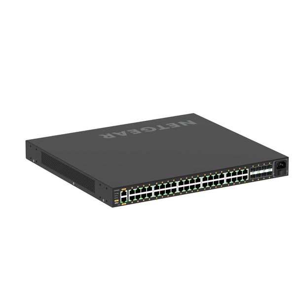 Rear view of Netgear GSM4248PX managed switch with 40 Gigabit Ethernet ports, 8 SFP+ ports, and power supply, TAA compliant. – image 4