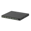 Rear view of Netgear GSM4248PX managed switch showing 40 Gigabit Ethernet ports, 8 SFP+ slots, and power input.