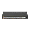 Rear view of Netgear GSM4248PX managed switch with 40 Gigabit Ethernet ports, 8 SFP+ ports, and PoE+ power supply.