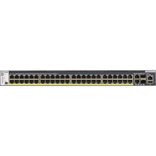 Front view of Netgear M4300-52G-PoE+ managed network switch with 50 ports, SFP+ support, and PoE+ capabilities. – image 2