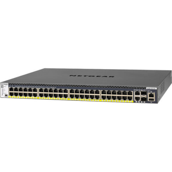 Front left angle view of Netgear M4300-52G-PoE+ managed network switch with 50 ports and SFP+ support. – image 3
