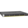 Netgear M4300-52G-PoE+ managed network switch with 50 ports, SFP+ support, and PoE+ capability, front right angle view.