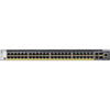 Netgear M4300-52G-PoE+ managed network switch with 48 gigabit ports, PoE+ support, and SFP+ ports, front view.