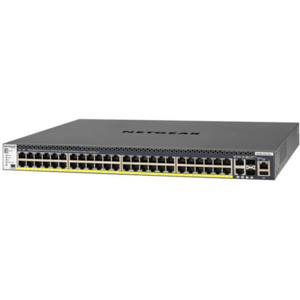 Isometric view of Netgear M4300-52G-PoE+ managed switch with 48 Gigabit ports and SFP+ ports, front-left angle. – image 1