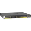 Netgear M4300-52G-PoE+ managed network switch with 48 Gigabit ports and SFP+ ports, shown from front right isometric view.