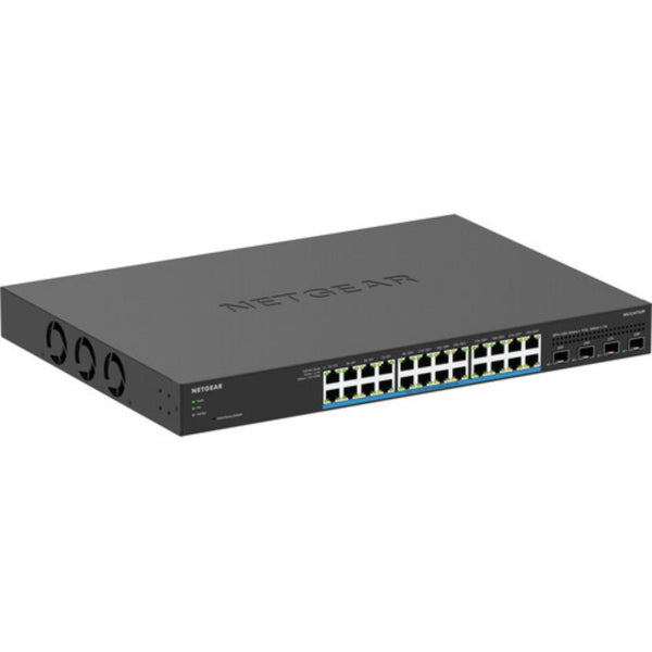 Front view of Netgear MS324TXUP 24-port managed network switch with 2.5G ports and PoE++ support, black device with LED indicators. – image 2