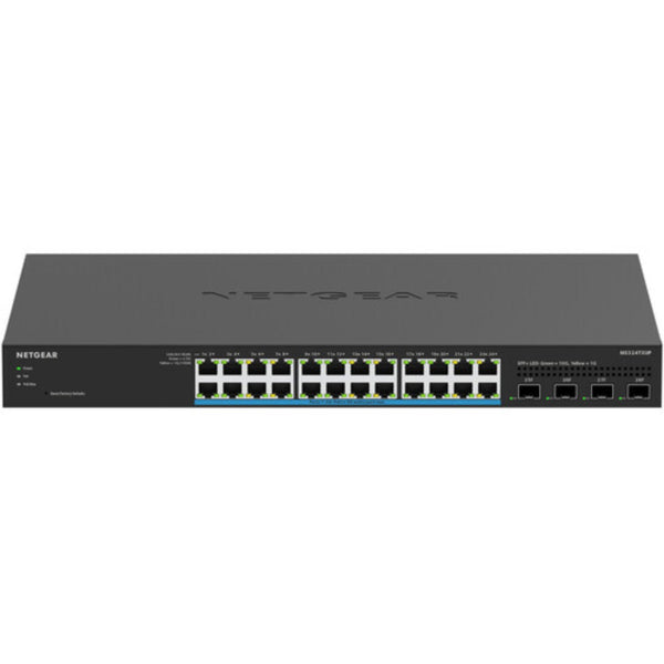 Front view of the Netgear MS324TXUP 24-port 2.5G managed network switch with PoE++ support and LED indicators. – image 1
