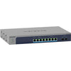 Netgear Ultra60 MS510TXUP managed switch with 8 multi-gigabit ports, PoE++ support, and SFP+ ports, front left perspective.