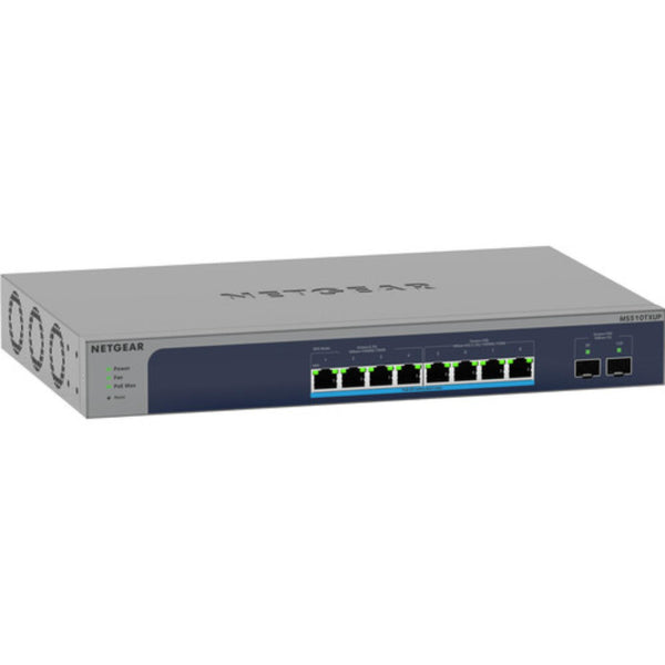 Netgear Ultra60 MS510TXUP managed switch with 8 multi-gigabit ports, PoE++ support, and SFP+ ports, front left perspective. – image 2