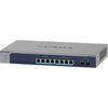 Netgear Ultra60 MS510TXUP 8-port managed switch with multi-gigabit PoE++ ports and SFP+ module, front right perspective image.