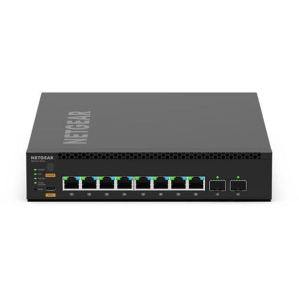 Front view of Netgear AV Line M4350-8M2V managed switch with 8 ports, 2.5G PoE++ support, and network management features. – image 2