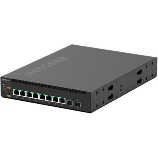 Front left isometric view of Netgear AV Line M4350-8M2V 8-port 2.5G PoE++ managed switch showing ports and LED indicators. – image 1