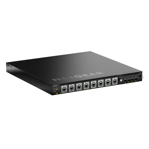 Front right view of Netgear MSM4320 managed switch with 16 2.5G PoE++ ports, Neutrik etherCON, and SFP28 25G ports. – image 1