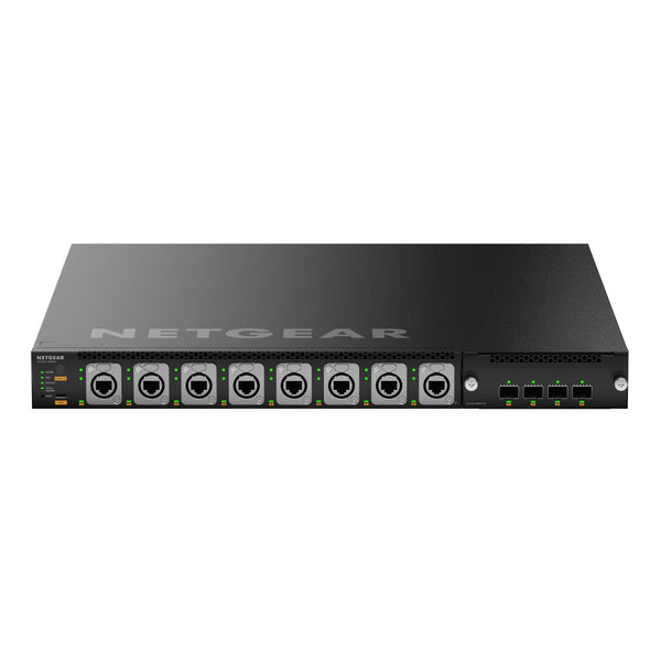 Front view of the Netgear MSM4320 managed switch with 16 2.5G PoE++ ports, Neutrik etherCON connectors, and SFP28 25G ports. – image 2