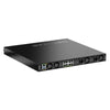 Rear view of Netgear MSM4320 managed switch showing 16 2.5G PoE++ ports, Neutrik etherCON connectors, and SFP28 25G ports.
