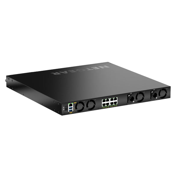Rear view of Netgear MSM4320 managed switch showing 16 2.5G PoE++ ports, Neutrik etherCON connectors, and SFP28 25G ports. – image 4