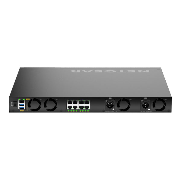 Rear view of Netgear MSM4320 managed switch showing 16 2.5G PoE++ ports, Neutrik etherCON connectors, and SFP28 25G ports. – image 5