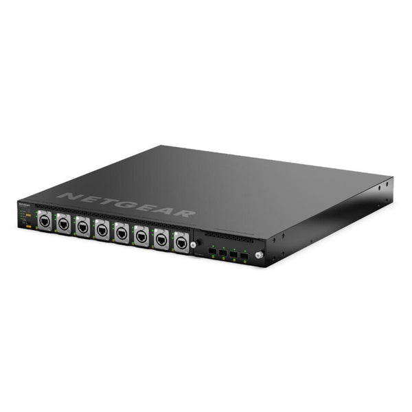 Netgear MSM4320 managed switch with 16 2.5G PoE++ ports, SFP28 25G ports, Neutrik etherCON, front left view. – image 3