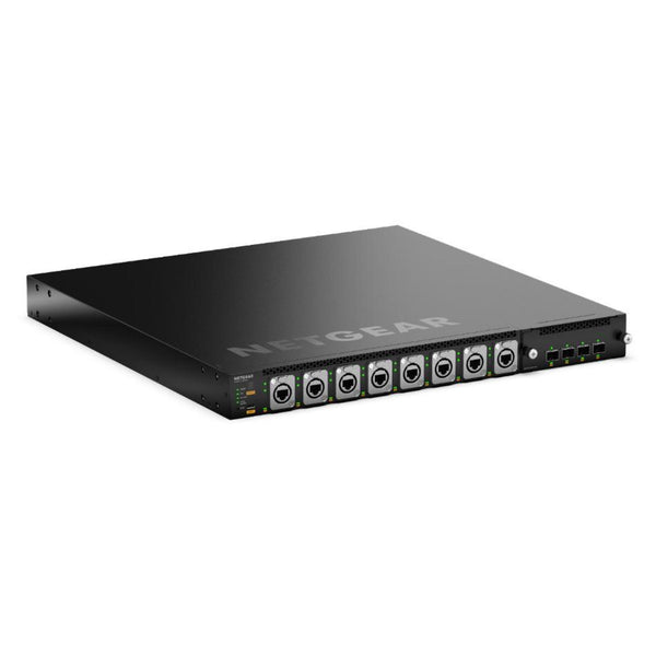 Netgear MSM4320 managed switch with 16 2.5G PoE++ ports, SFP28 ports, Neutrik etherCON connectors, TAA approved, front view – image 1