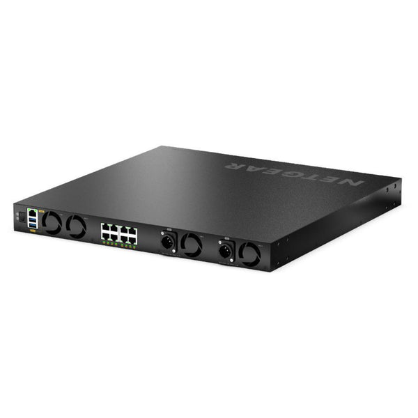 Rear perspective of Netgear MSM4320 managed switch with 16 2.5G PoE++ ports, Neutrik etherCON, SFP28 slots, TAA approved. – image 6