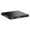 Rear view of Netgear MSM4320 16-port managed switch with PoE++ ports, SFP28 slots, Neutrik etherCON connectors, and TAA approval.