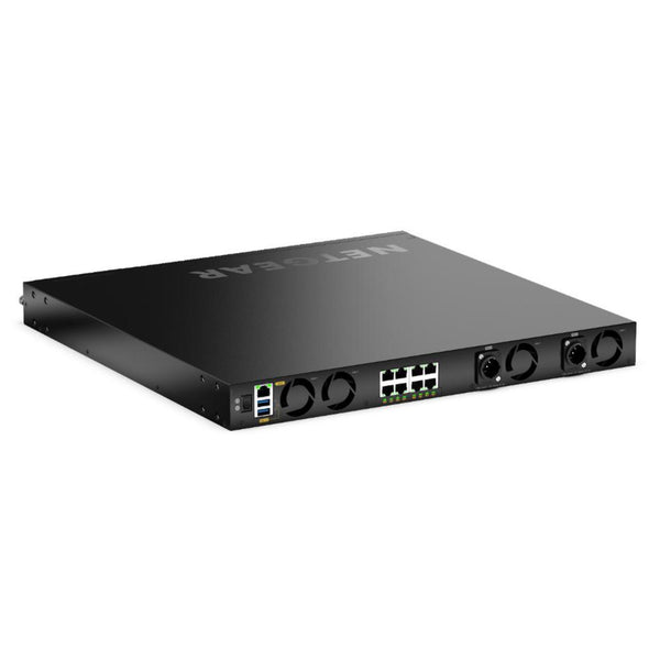 Rear view of Netgear MSM4320 16-port managed switch with PoE++ ports, SFP28 slots, Neutrik etherCON connectors, and TAA approval. – image 4