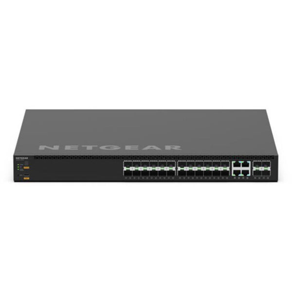 Front view of Netgear AV Line M4350-24F4X 24-port Gigabit SFP managed switch showing Ethernet ports and LED indicators. – image 1