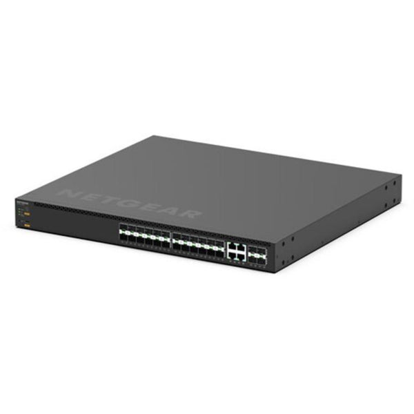 Front right isometric view of Netgear AV Line M4350-24F4X 24-port Gigabit SFP managed switch with multiple ports and network ports visible. – image 3