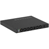 Rear left isometric view of the Netgear AV Line M4350-24F4X 24-port Gigabit SFP managed switch showing ports and Ethernet connections.