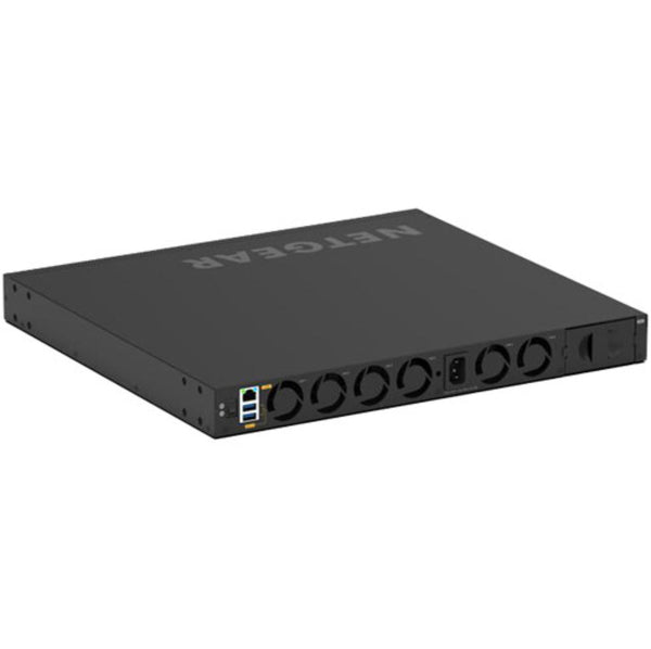 Rear left isometric view of the Netgear AV Line M4350-24F4X 24-port Gigabit SFP managed switch showing ports and Ethernet connections. – image 4