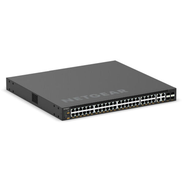 Front right isometric view of Netgear M4350-44M4X4V managed AV network switch with 48 ports and multi-Gig PoE++ support. – image 4