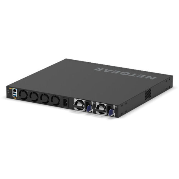 Rear left isometric view of Netgear M4350-44M4X4V 48-port managed AV network switch with multi-gig PoE++ ports. – image 5