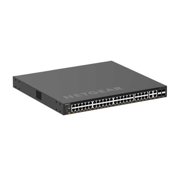 Front view of Netgear MSM4352 Managed Switch with 4 SFP28 25G ports, multi-gig PoE++, and TAA compliance. – image 1