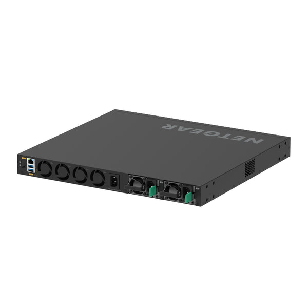 Rear view of Netgear MSM4352 managed switch with 4 SFP28 25G ports, multi-gig PoE++, and multiple high-speed network ports. – image 6