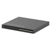 Front left isometric view of the Netgear M4350-16V4C 16-port 25G SFP28 managed AV network switch showing ports and LED indicators.