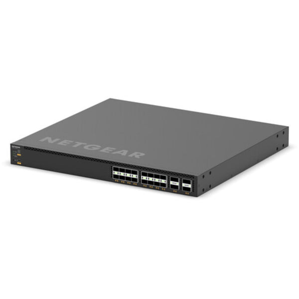 Front left isometric view of the Netgear M4350-16V4C 16-port 25G SFP28 managed AV network switch showing ports and LED indicators. – image 3