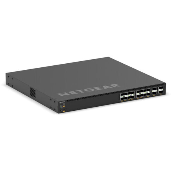 Front right isometric view of the Netgear M4350-16V4C 16-port 25G SFP28 managed AV network switch showing ports and LED indicators. – image 4