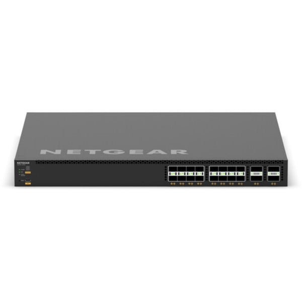 Front top view of Netgear M4350-16V4C managed network switch with 16 ports, including 25G SFP28 ports and managed features. – image 1