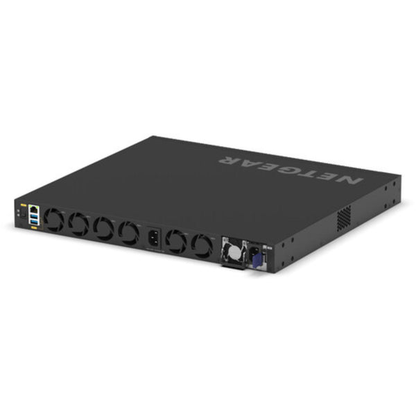 Rear left isometric view of Netgear M4350-16V4C 16-port 25G SFP28 managed AV network switch showing ports and rear panel. – image 5