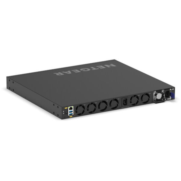 Rear right isometric view of Netgear M4350-16V4C managed 16-port 25G SFP28 AV network switch showing ports and connectivity features. – image 6