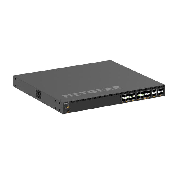 Netgear M4350-16V4C managed switch with 16 SFP28 25G ports and 4 QSFP28 100G ports, front left view. – image 1